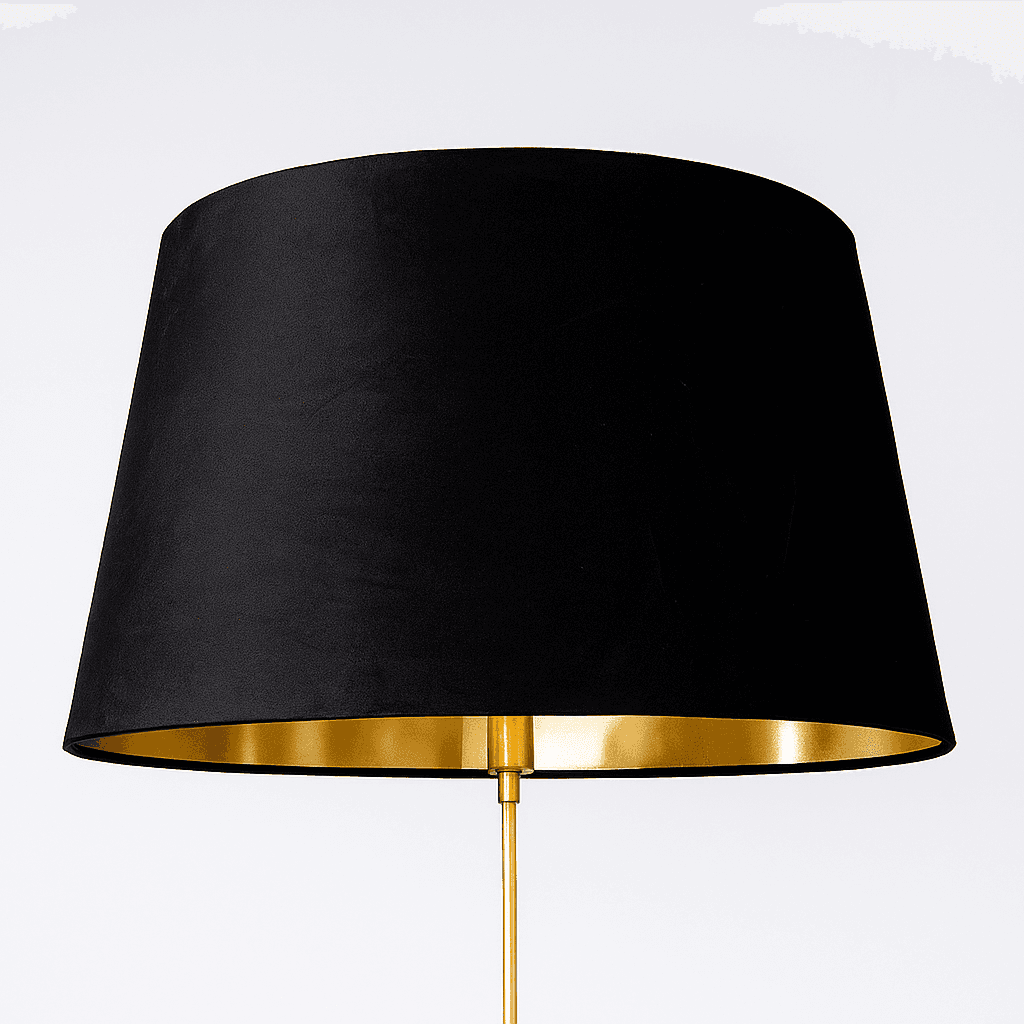 Oversized black velvet lampshade with gold lining, large drum shape, luxurious fabric, ideal for modern floor or table lamps.
