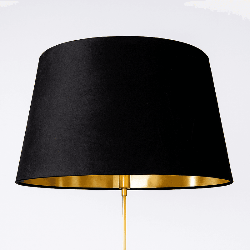 Oversized black velvet lampshade with gold lining, large drum shape, luxurious fabric, ideal for modern floor or table lamps.