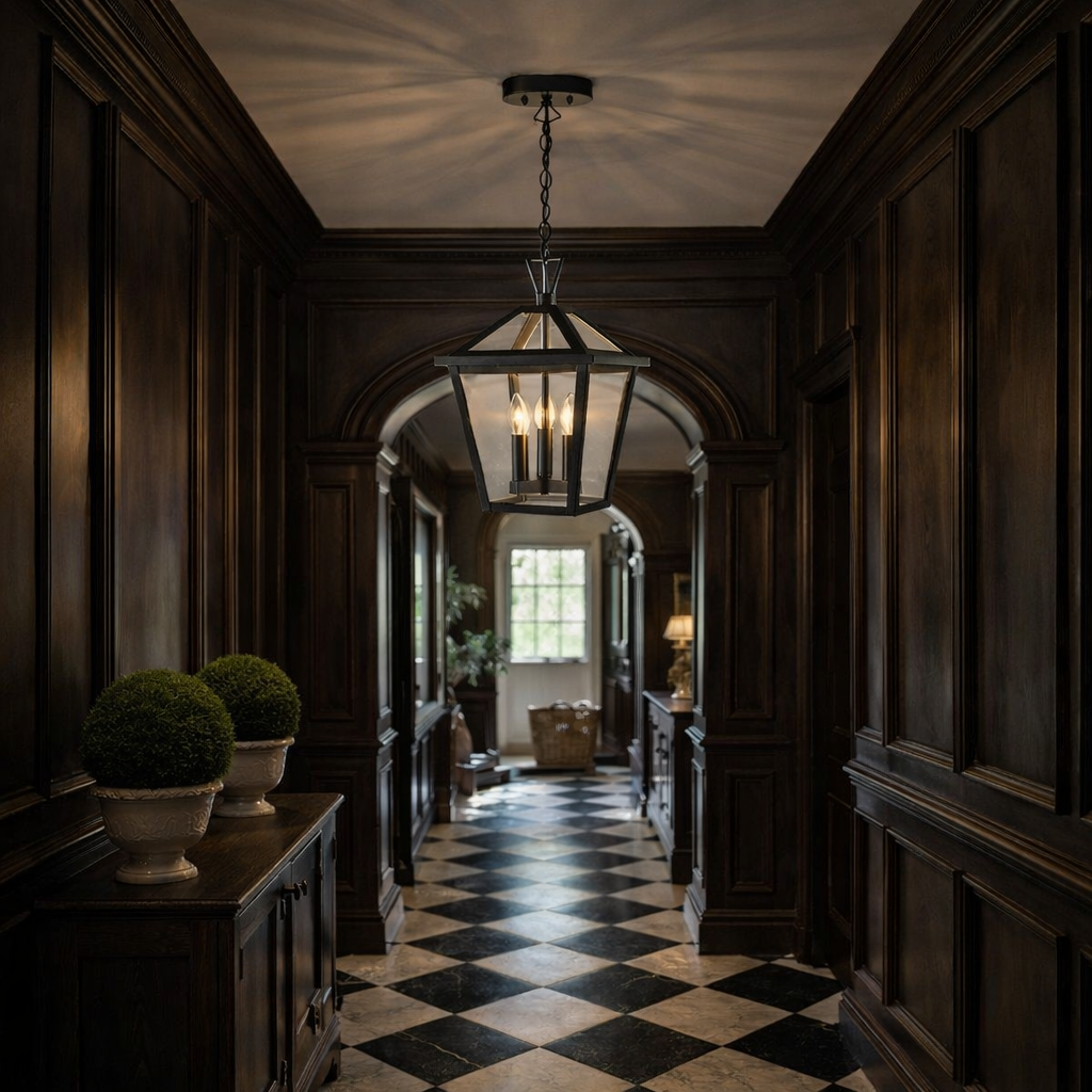 Dark wood-paneled hallway with checkered floor and hanging light fixture