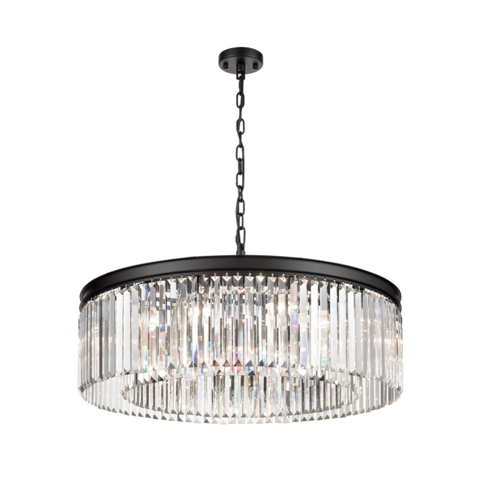 This chandelier brings together a sleek black frame and shimmering prism-cut crystals to create a soft, sparkling glow that instantly warms the room.