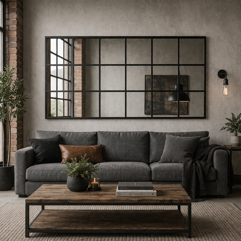 Long black window mirror horizontally over an urban sofa in an industrial setting.