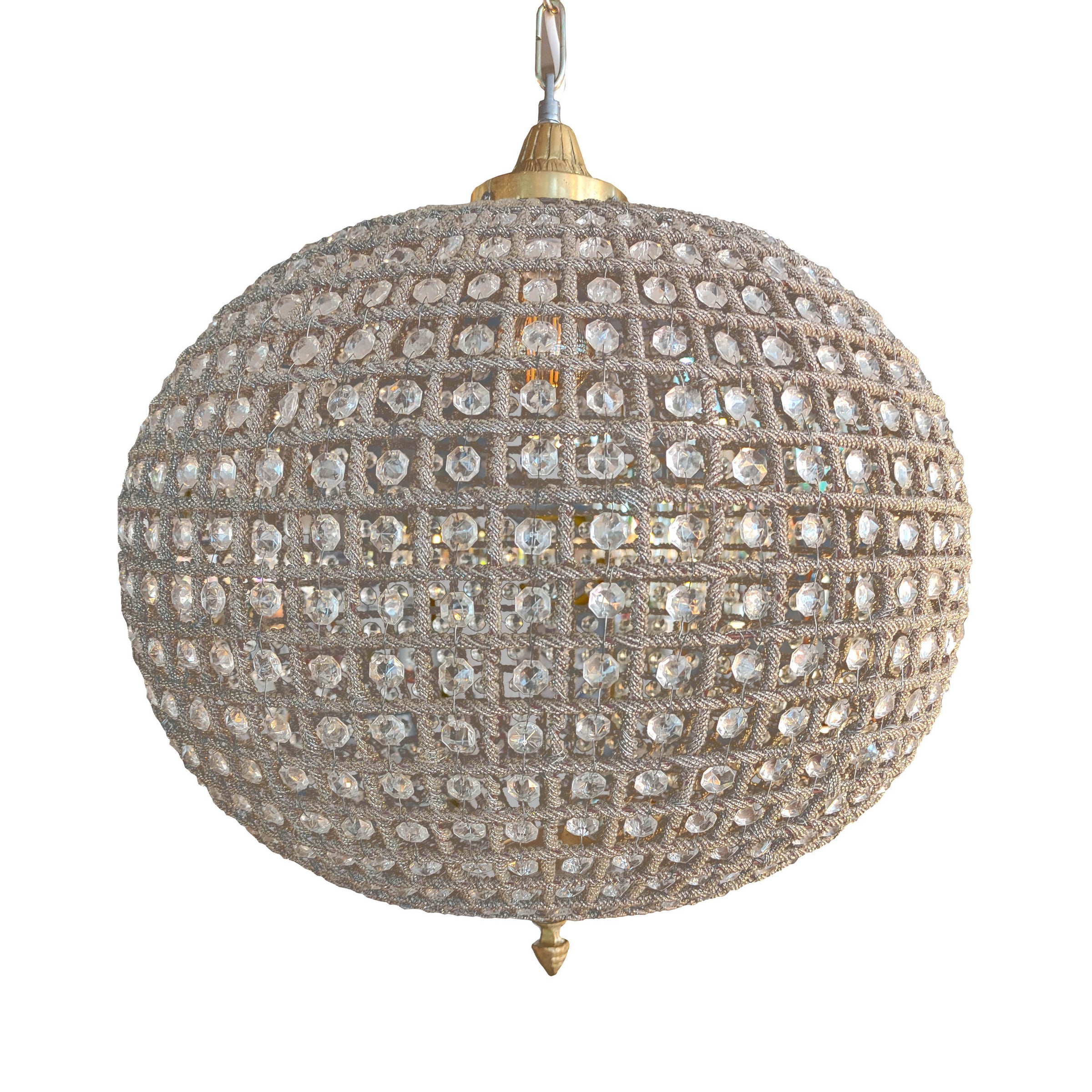 Large brass crystal globe chandelier with crystal beading encased in brass metalwork that reflects a pretty pattern around your ceiling and walls. A classic and glamorous ceiling light which compliments all types of decor.