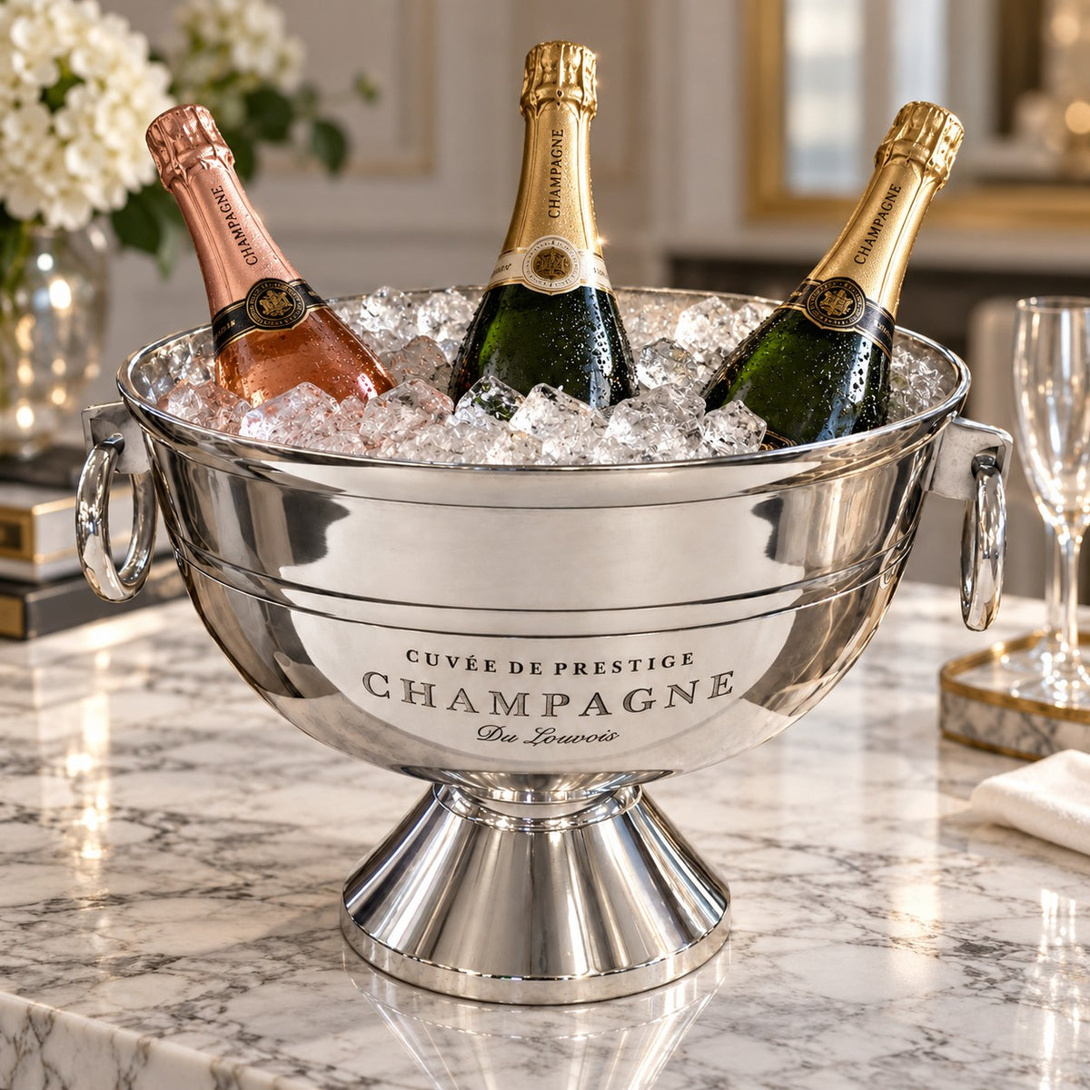 A large silver champagne bucket. The bucket has engraved text reading 'CUVÉE DE PRESTIGE 
