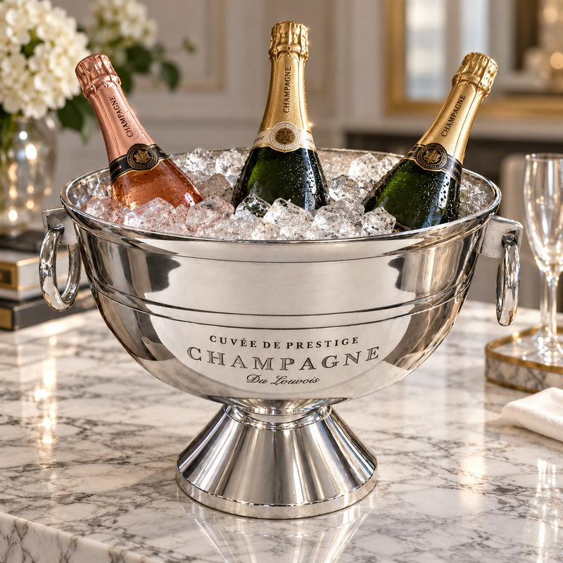 A large silver champagne bucket. The bucket has engraved text reading 'CUVÉE DE PRESTIGE 