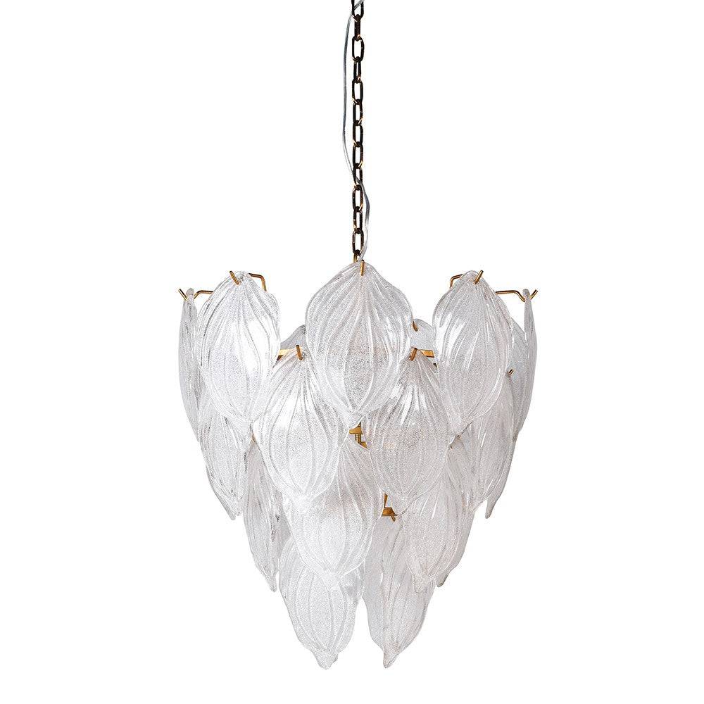 Crystal chandelier, frosted leaf design on gilt metal base.