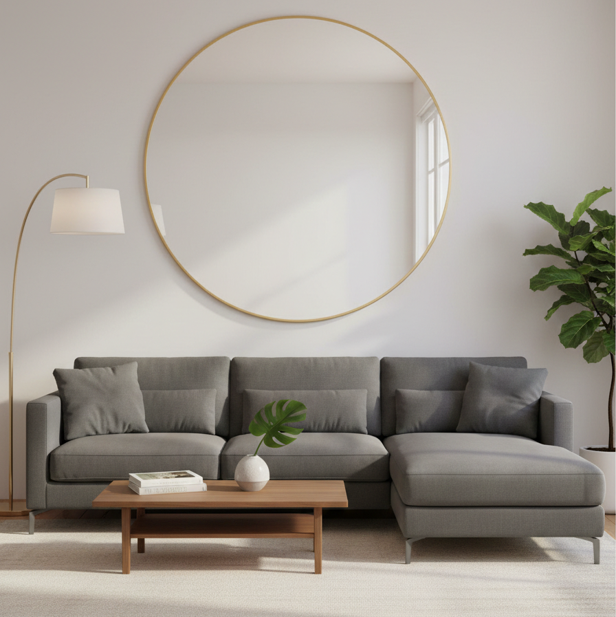 Extra large circular mirror above a modern style sofa in a contemporary room setting