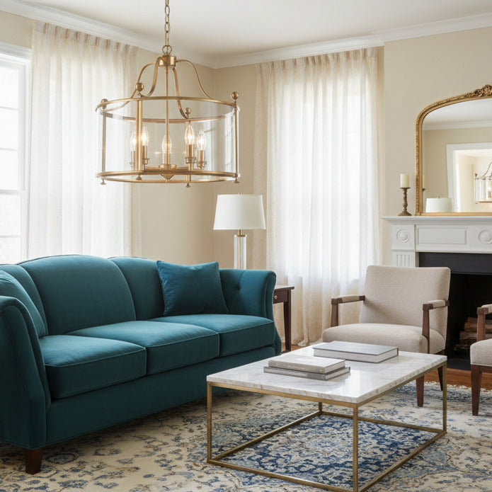 5 light gilt metal lantern features a clear glass drum shade in a living room