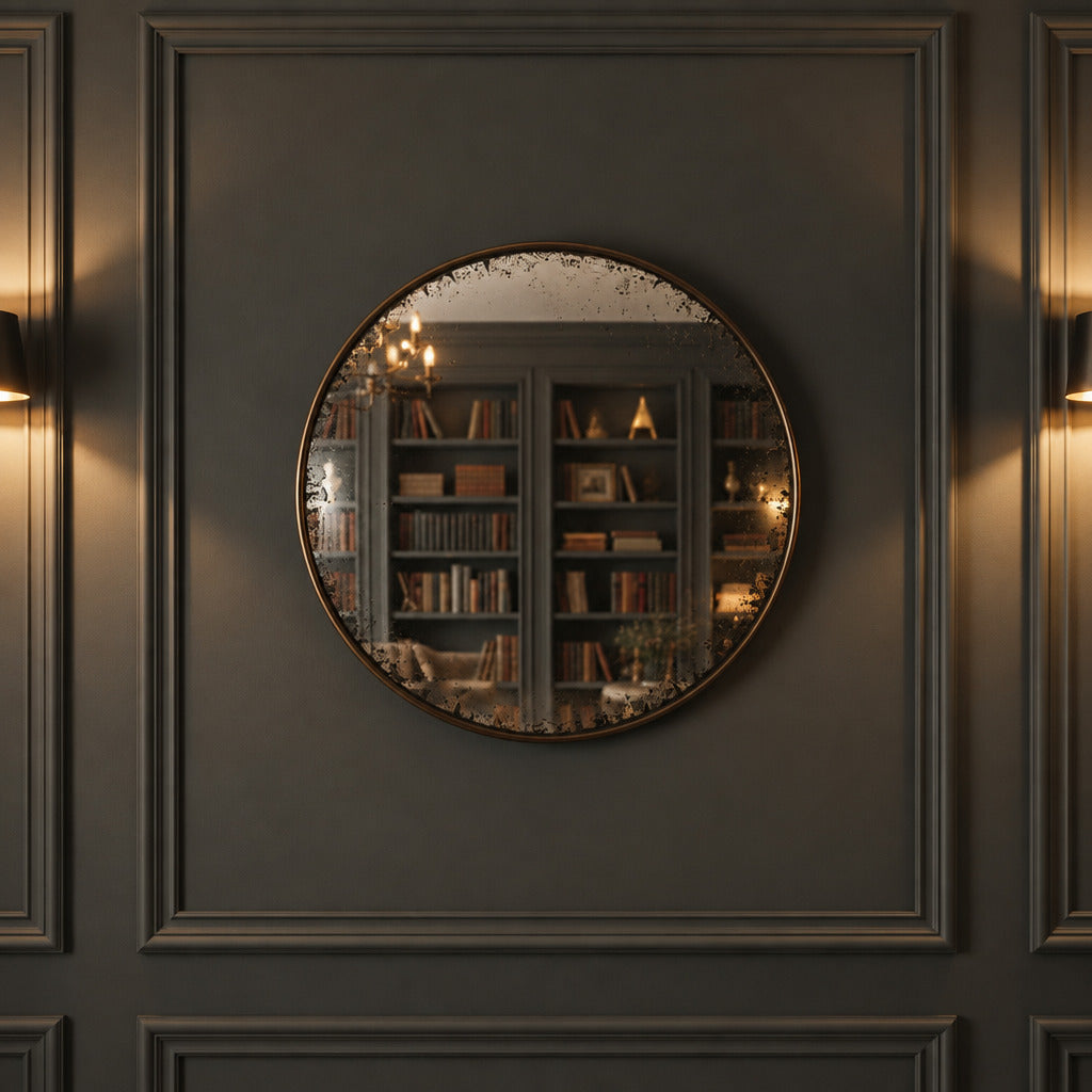 A huge, very distressed black convex mirror on a panelled wall.
