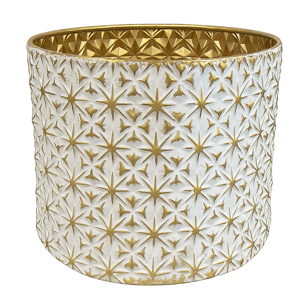 large metal festive metal white and gold container, would work perfectly as pot for Xmas tree