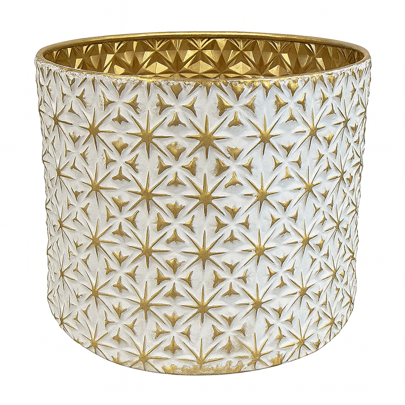 large metal festive metal white and gold container, would work perfectly as pot for Xmas tree