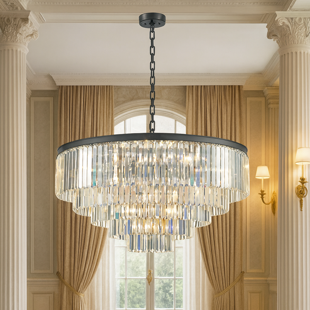 This five-tier chandelier brings timeless glamour and modern elegance together in one striking centerpiece. Its sleek black band frames cascading layers of crystal prisms, creating a dramatic waterfall effect that shimmers beautifully from every angle