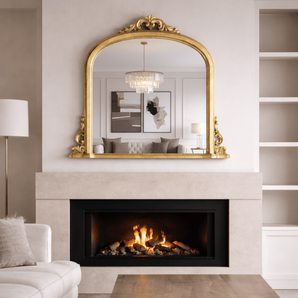 Gold-framed mirror above a fireplace in a contemporary room setting.