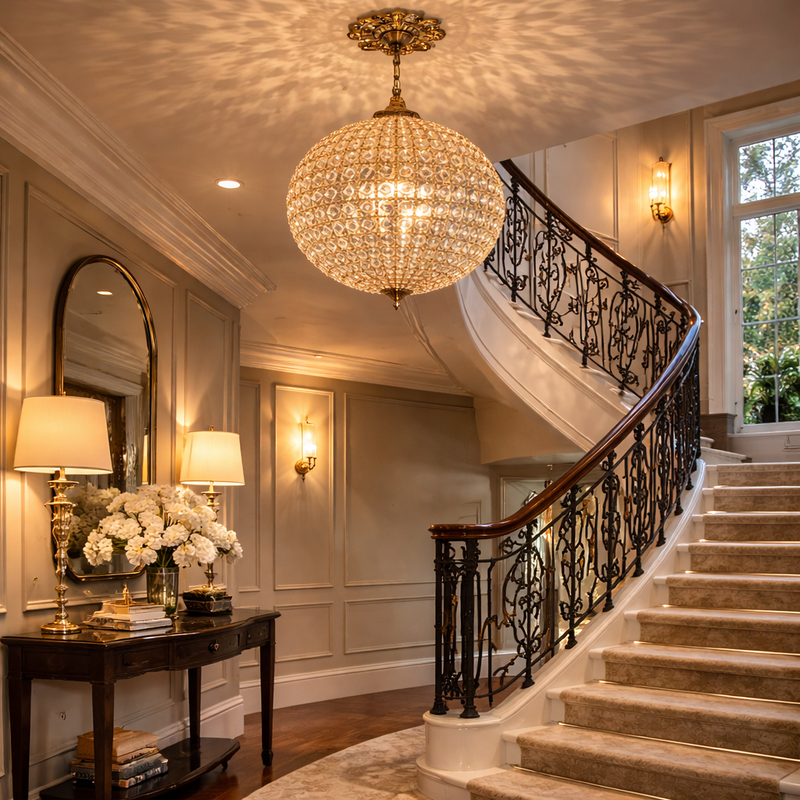 Luxurious staircase with ornate railings and a large crystal chandelier in an elegant home.