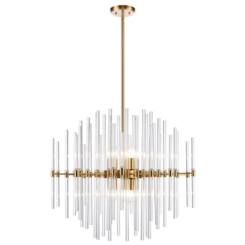 An amazingly glamorous 10 light pendant. A large size, with exquisite gilt metal band, rod and rose. The rods are of different heights to add to the drama of this statement light. The glass and gilt metal work perfectly together for a luxurious feel.


