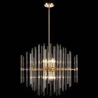 Large gold chandelier with tall staggered clear glass rods and a central 10-light design, suspended from a gold rod.
