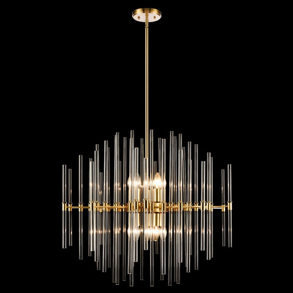 Large gold chandelier with tall staggered clear glass rods and a central 10-light design, suspended from a gold rod.