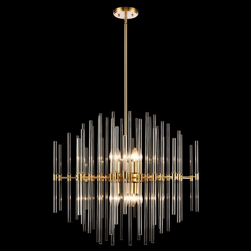 Large gold chandelier with tall staggered clear glass rods and a central 10-light design, suspended from a gold rod.