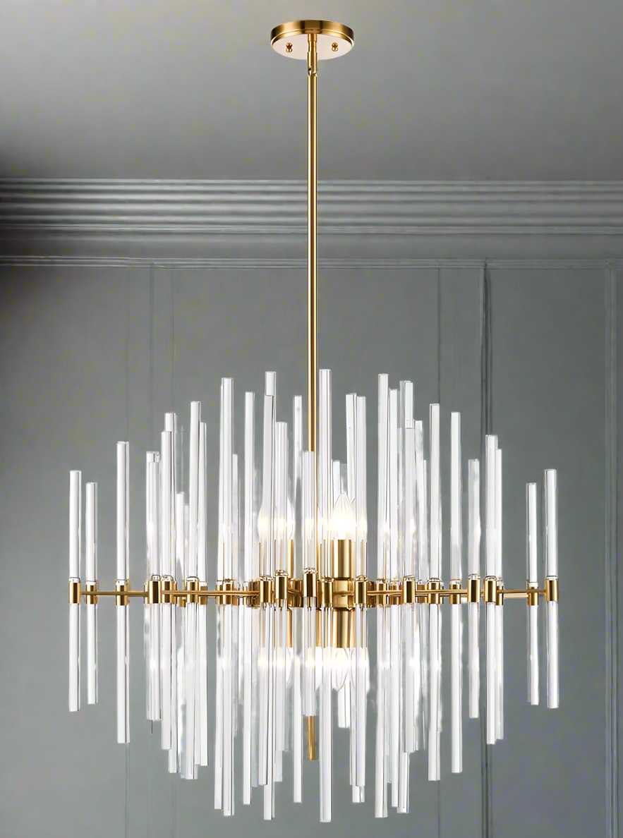 An amazingly glamorous 10 light pendant. A large size, with exquisite gilt metal band, rod and rose. The rods are of different heights to add to the drama of this statement light. The glass and gilt metal work perfectly together for a luxurious feel