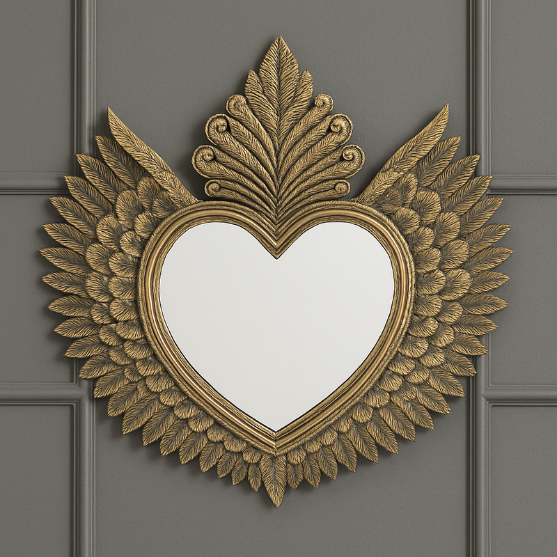 Decorative, large gold heart mirror with winged feather frame. 