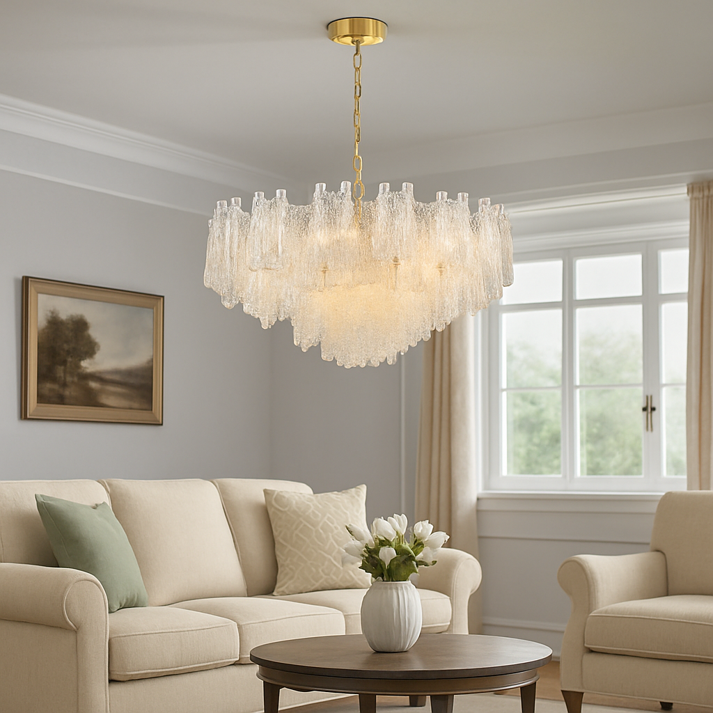 Icicle shard chandelier with textured glass panels at varying heights to refract the lights.  An extra large chandelier for the utmost impact, over a large dining table or as a total statement in your living area.