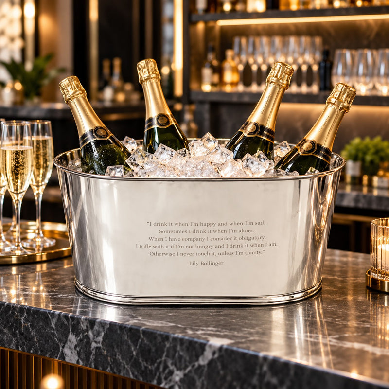 A silver metal champagne bucket filled with ice and four champagne bottles, set on a bar counter with glasses and a softly lit bar background.