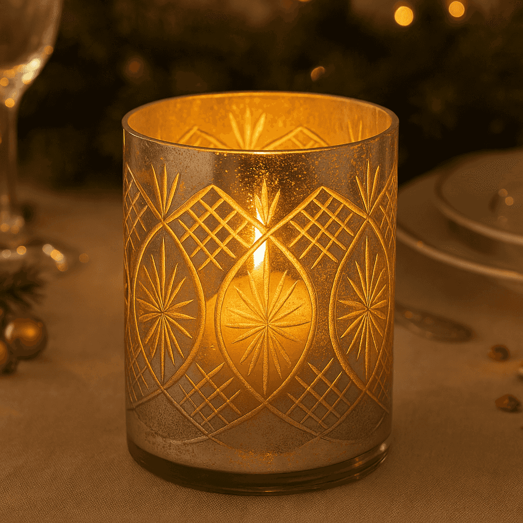 Large mercury glass candleholder for a festive table setting.