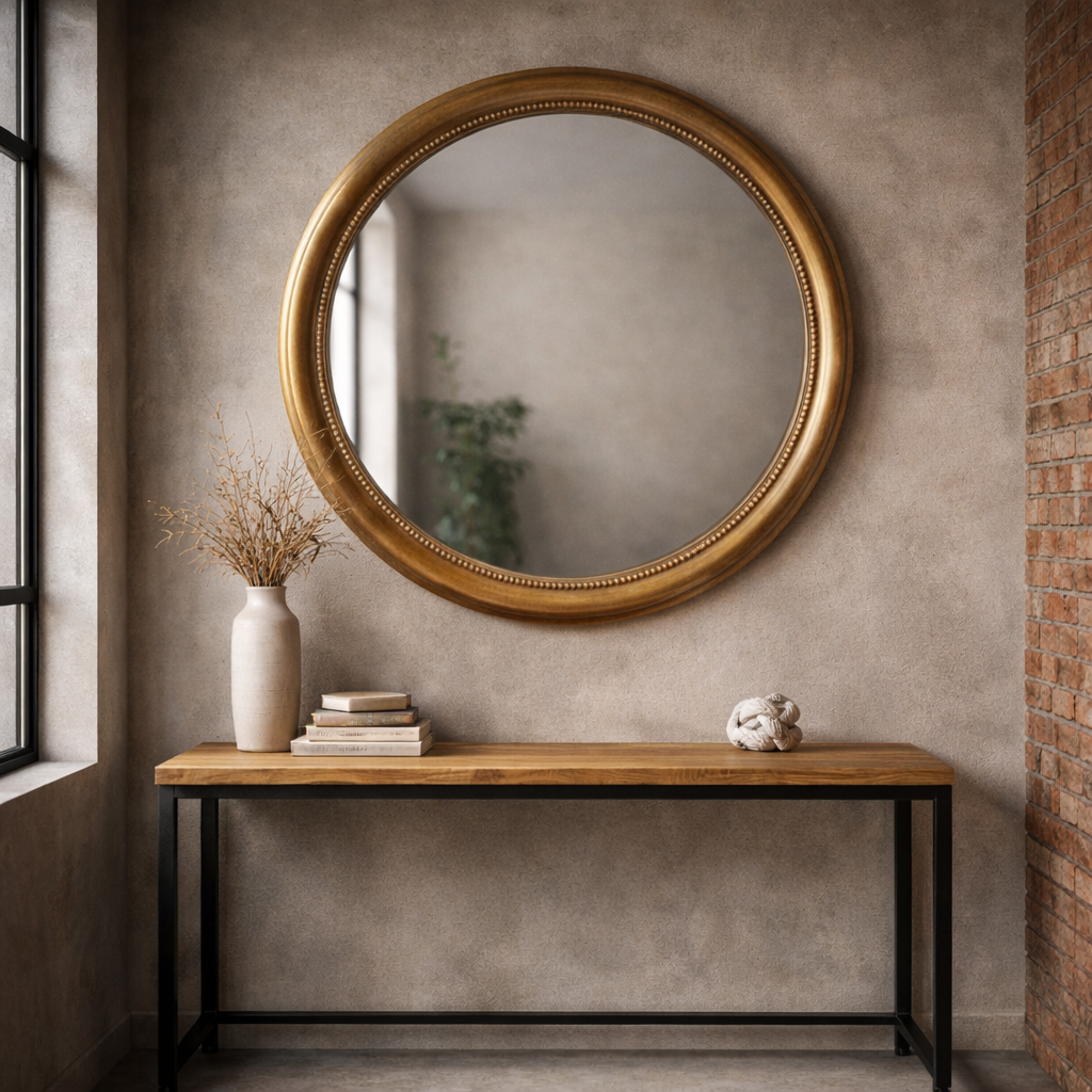 Large, circular gilt brass mirror over a simple wood and metal console in a hall by a window and brick wall.