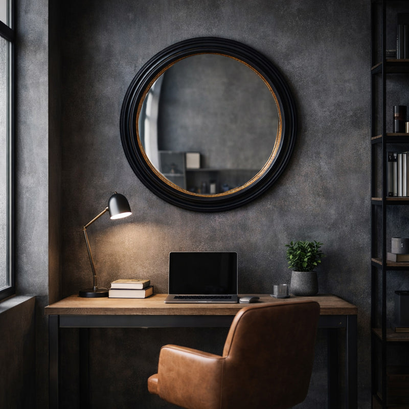 The oversize black convex mirror on the wall in an industrial style home office, over a desk with leather office chair. 