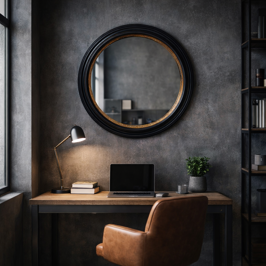 The oversize black convex mirror on the wall in an industrial style home office, over a desk with leather office chair. 