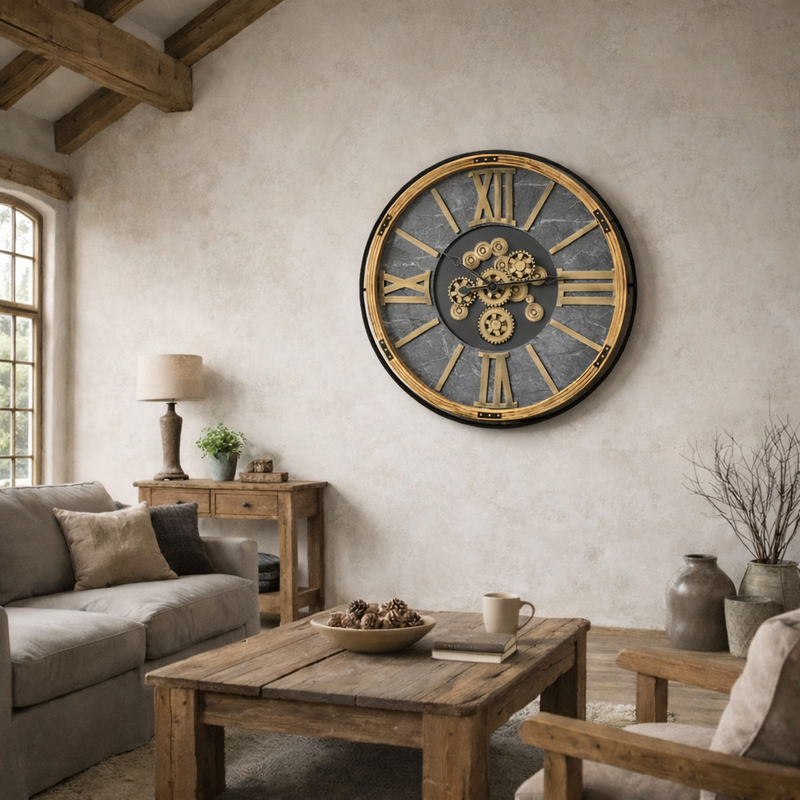 Moving cog clock in a barn conversion setting with rustic furniture.