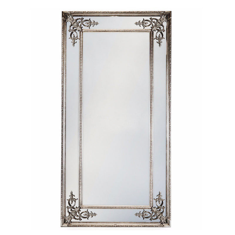 Large ornate silver gilt wall mirror with decorative classical frame, styled as a full-length statement mirror