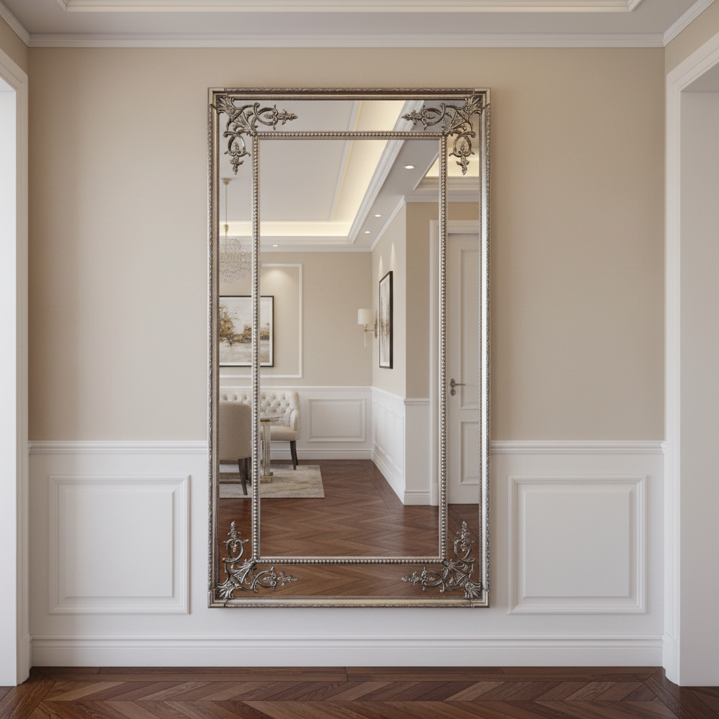 Large ornate silver gilt wall mirror with decorative classical frame, styled as a full-length statement mirror

If you’d like, I can now: