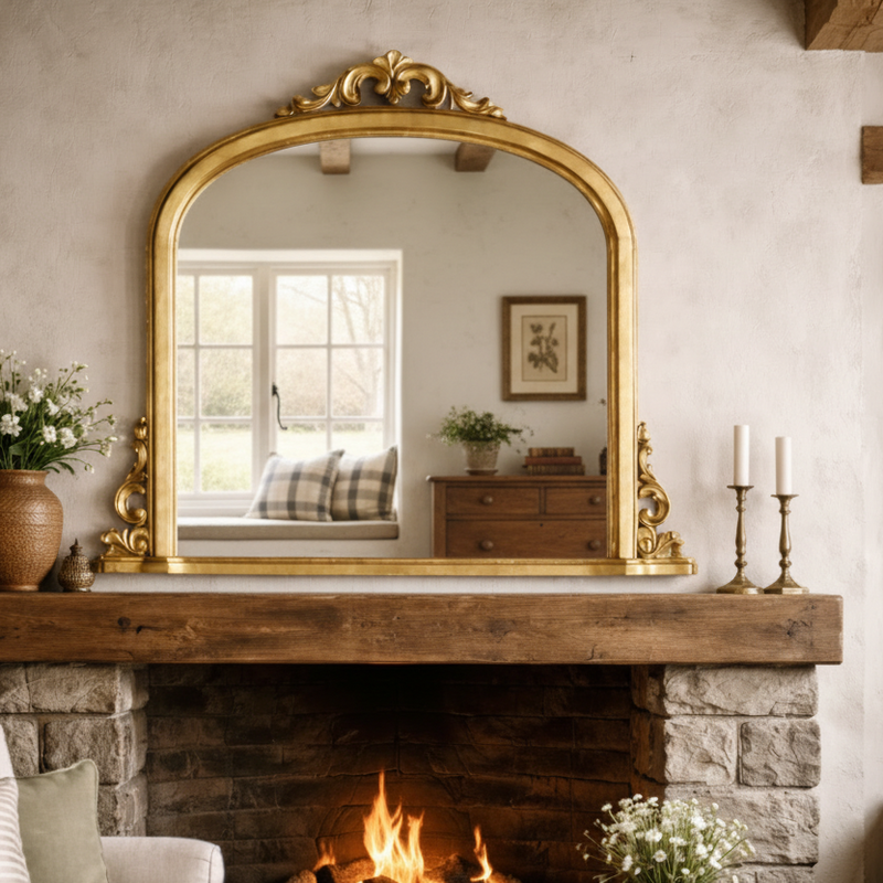 Gilt mirror over a country style fireplace i a cottage style background