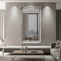 Massive silver mirror on a wall in a contemporary, light filled living room set above a seating area.