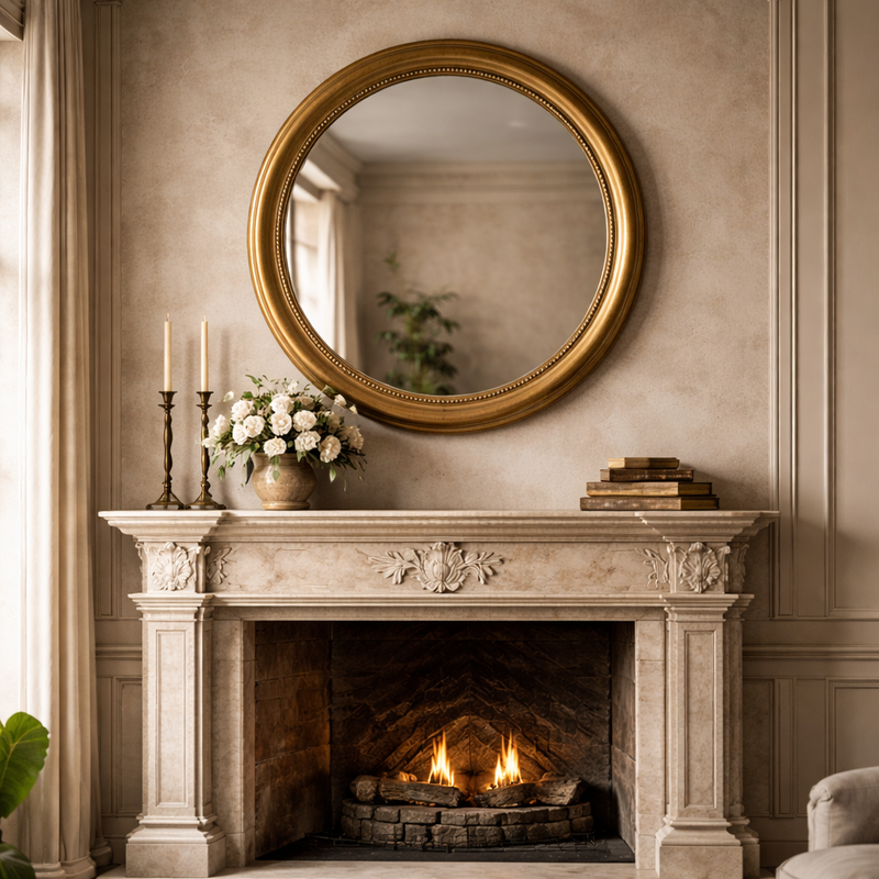 Huge circular mirror over a traditional fireplace in a country house setting, with candlesticks and books stacked on the mantel.