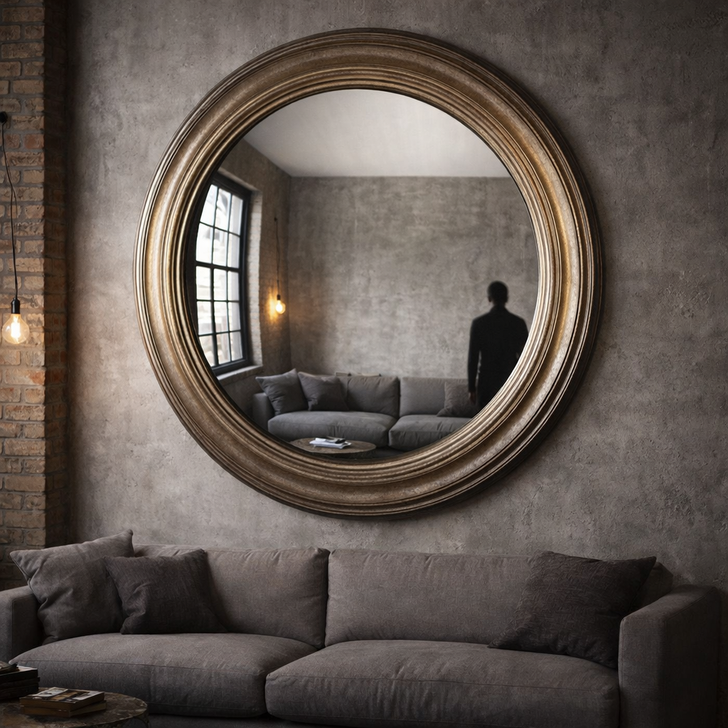 Large round mirror with gold frame on a textured wall above a sofa in a living room.