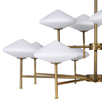 A larger version of our very popular white glass and gilt pendant, now with twelve opaque diamond shaped lights. A contemporary statement which will look stunning in your living room, above a large dining table or in an entryway to enhance the overall appeal of any interior

