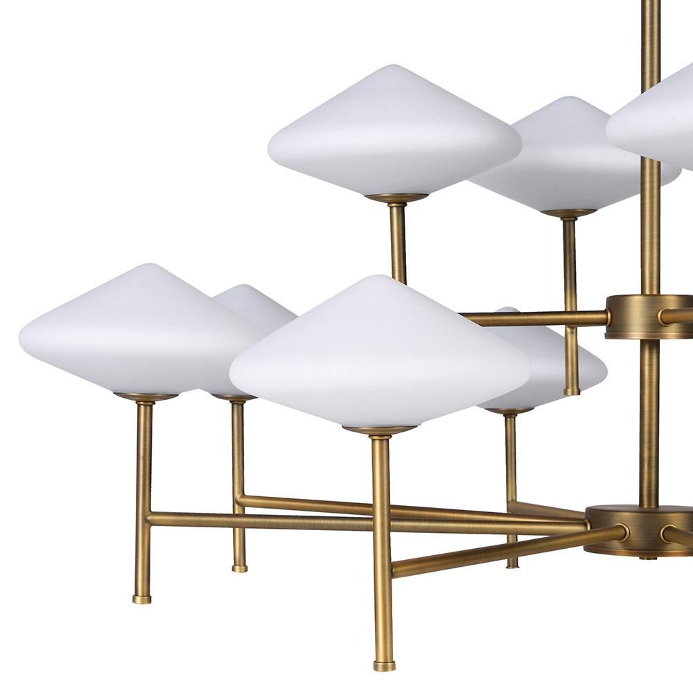 A larger version of our very popular white glass and gilt pendant, now with twelve opaque diamond shaped lights. A contemporary statement which will look stunning in your living room, above a large dining table or in an entryway to enhance the overall appeal of any interior

