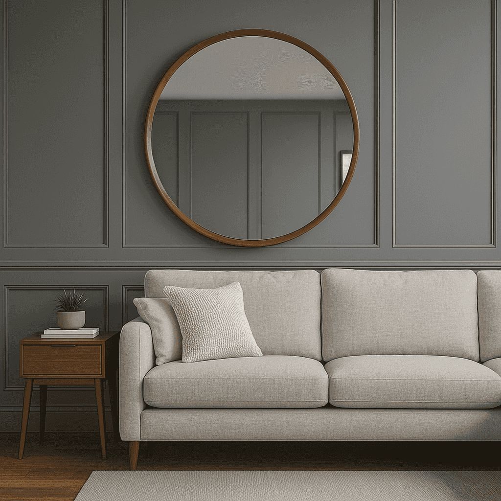 Large, mid-century style wooden round mirror on a panelled wall over a sofa