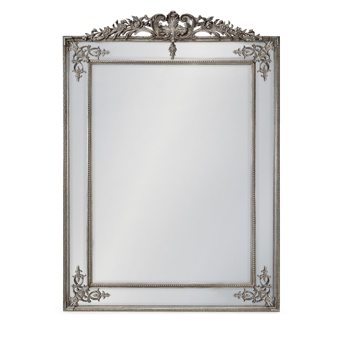 Mega panelled mirror on a neutral background showing the decorative corners and magnificent crest to the top of the mirror.