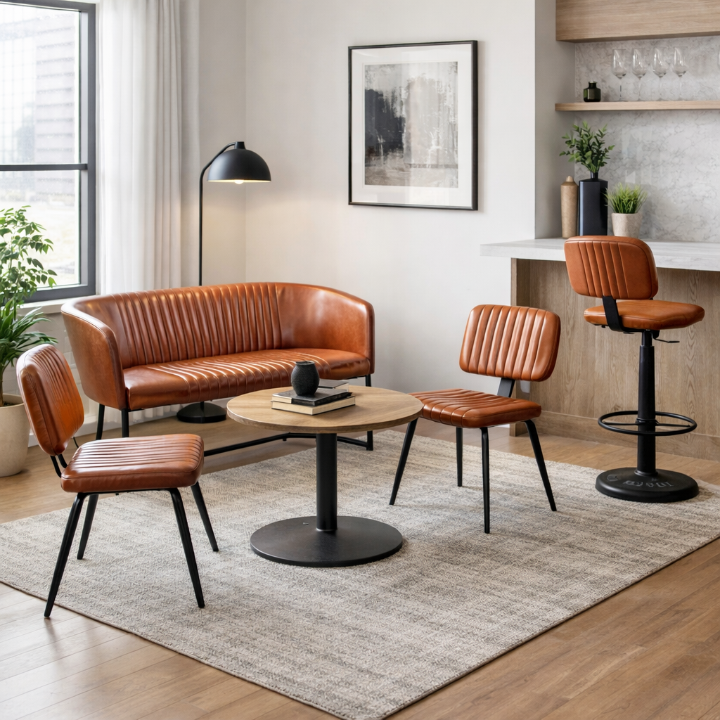 Modern living room with brown leather furniture and a round coffee table.