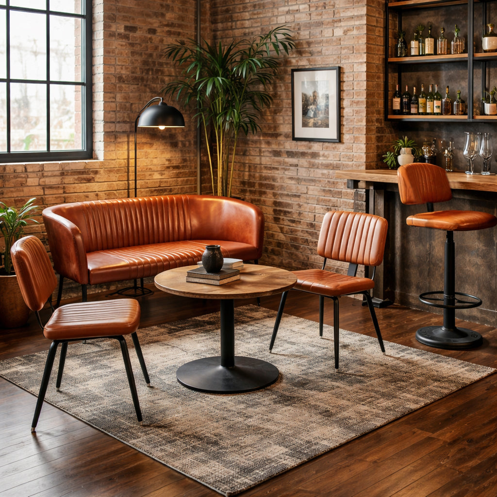 Cozy bar area with brown leather furniture and a brick wall.