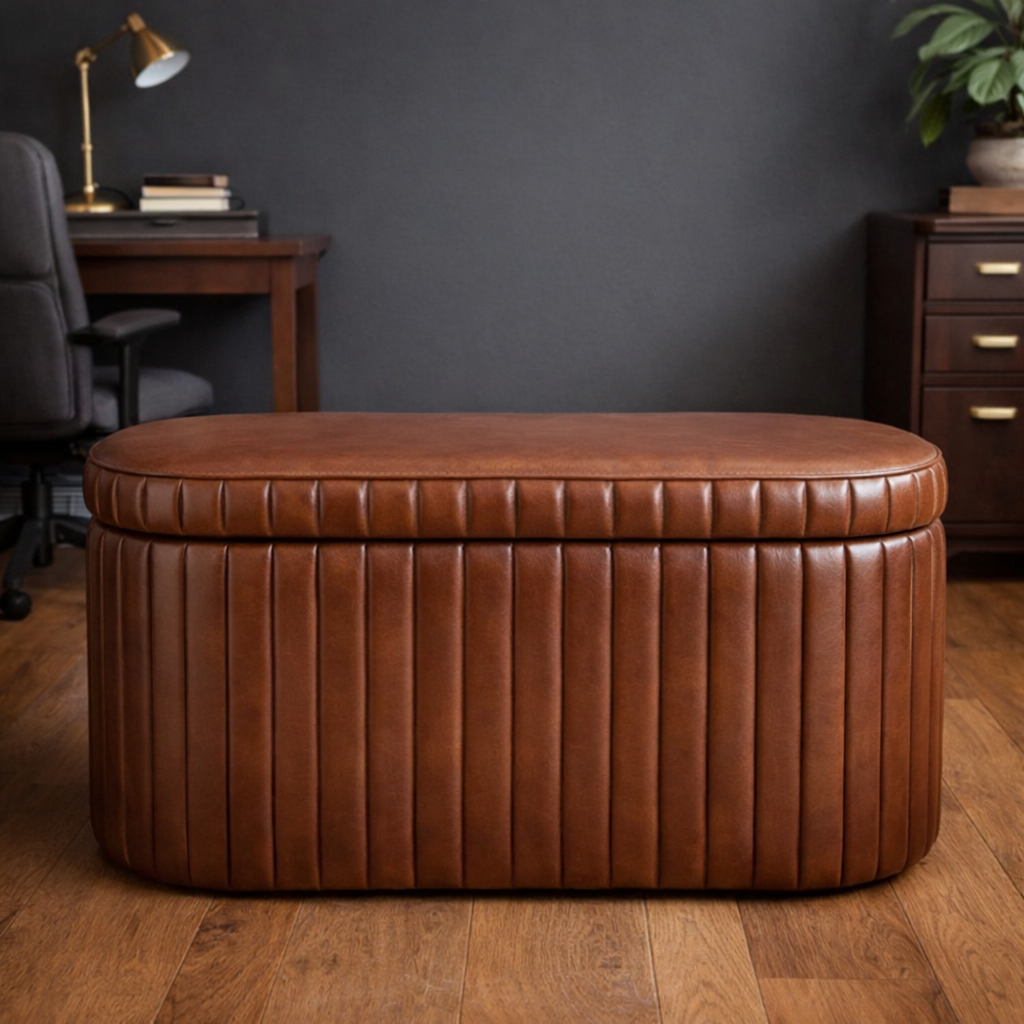 Brown leather ribbed trunk in a prominent position of home office.