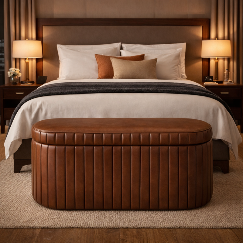Brown ribbed, leather trunk styled ottoman at the end of a bed in a luxury bedroom, with bedsides and lit bedside lamps.