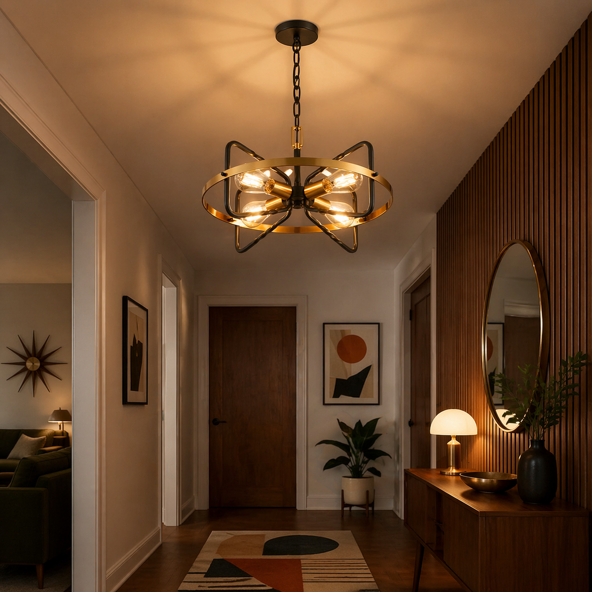 Modern chandelier hanging in a stylishly decorated hallway with a wooden door and decorative elements.