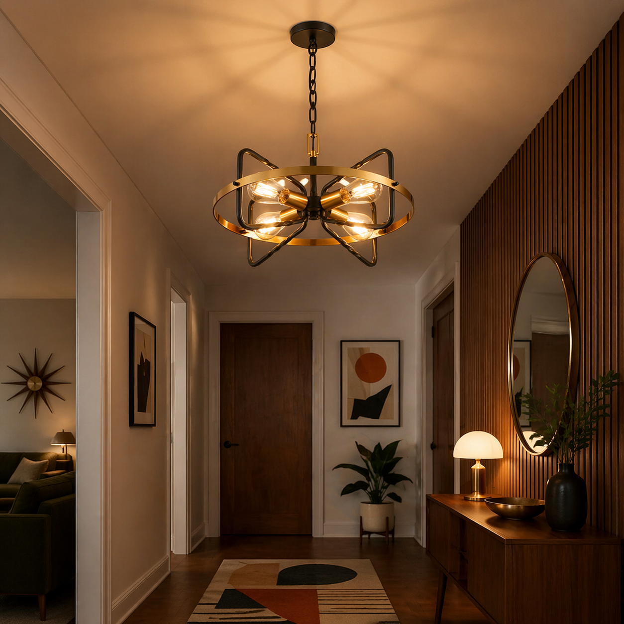 Modern chandelier hanging in a stylishly decorated hallway with a wooden door and decorative elements.