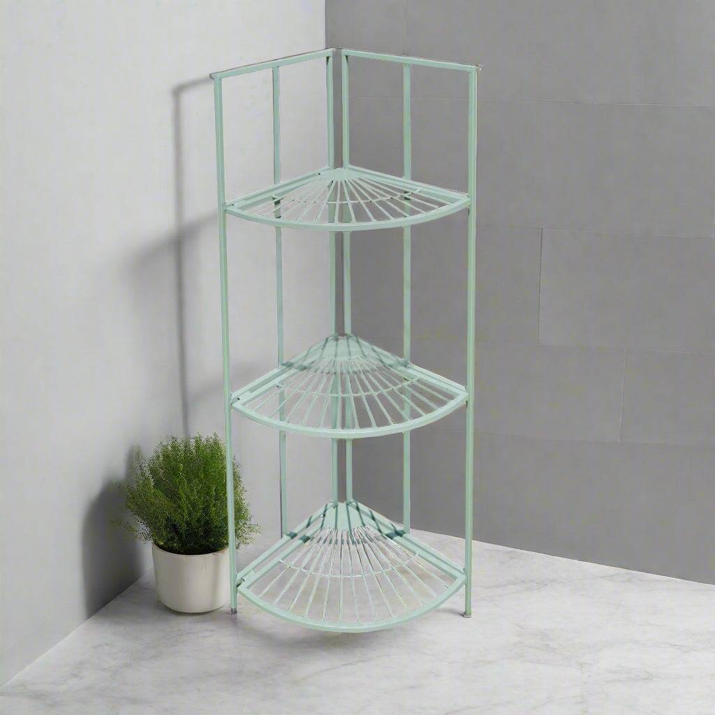 Folding corner shelf unit with 3 shelves in a painted blue colour. Perfect indoor or out, in a bathroom for towels, in a garden or conservatory displaying plants, a really versatile piece of furniture.