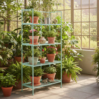 Pale blue painted 4 tier folding shelf unit, perfect for indoor or outdoor storage or display. Perfect for plants, or outdoor tools etc. and indoors for kid's bedrooms or for your kitchen - versatile folding shelving.