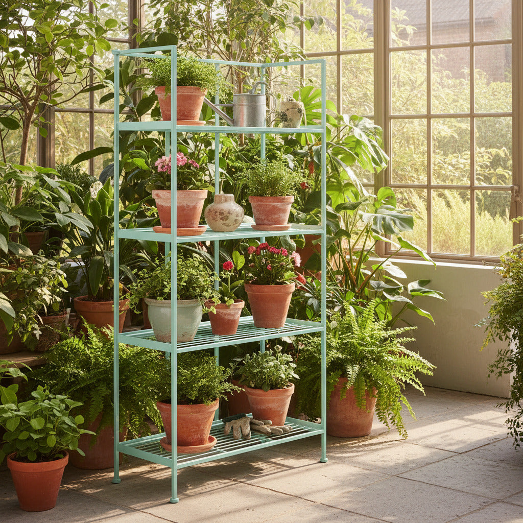 Pale blue painted 4 tier folding shelf unit, perfect for indoor or outdoor storage or display. Perfect for plants, or outdoor tools etc. and indoors for kid's bedrooms or for your kitchen - versatile folding shelving.