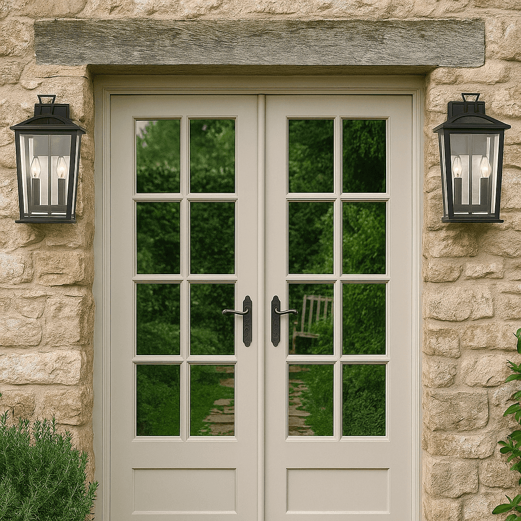 lantern style exterior lights on eithr side of double exterior doors.